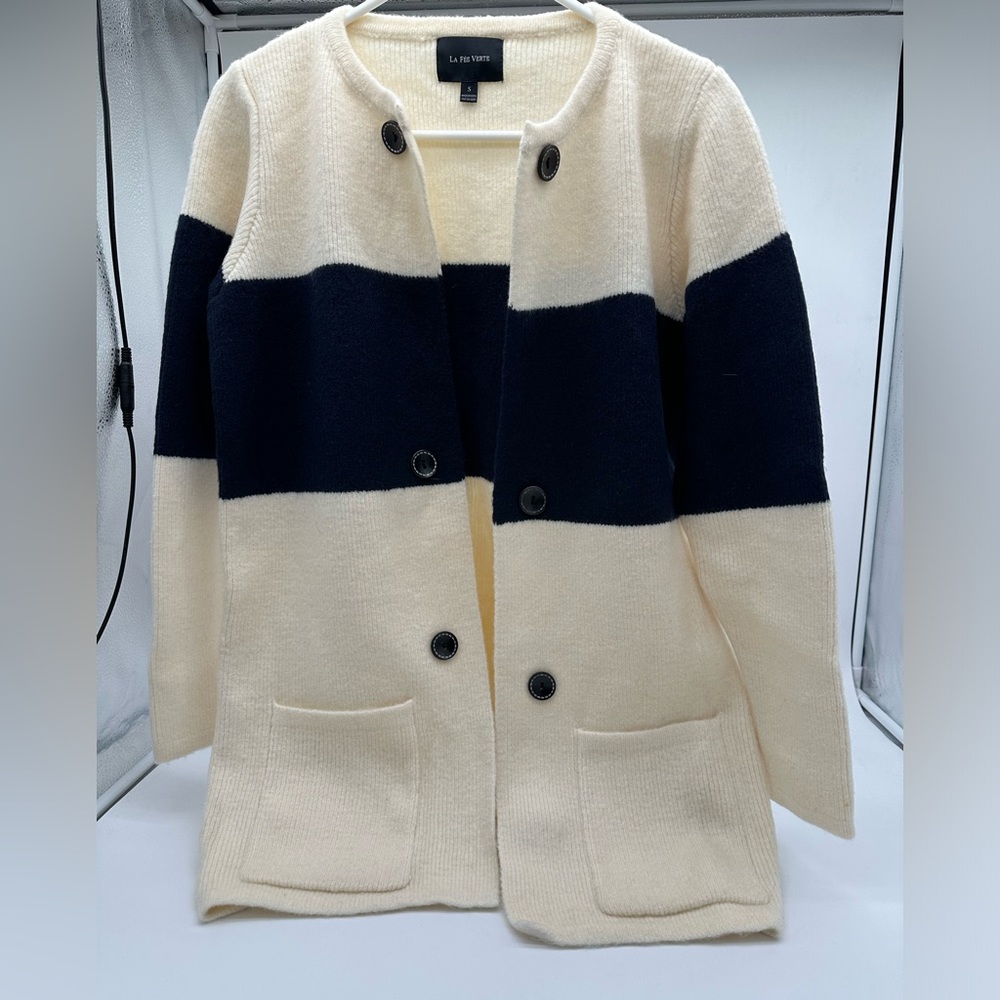 Le Fee Verte from Anthropologie, ivory and navy long, closure less cardigan.